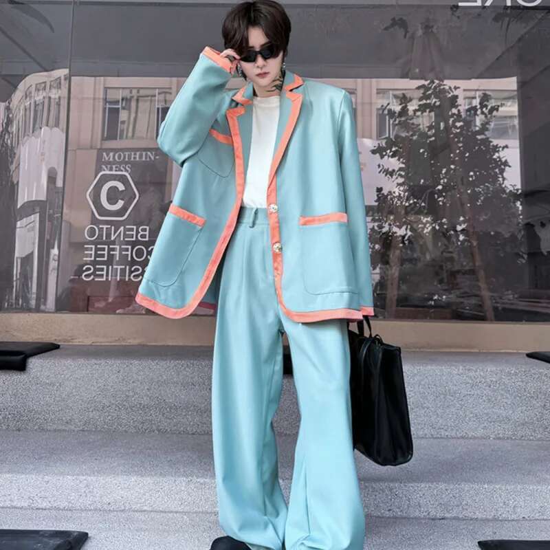 Patchwork Color Contrast Design Korean Suit Jackets Two-Piece Sets Elegant Trendy Handsome Straight Pants
