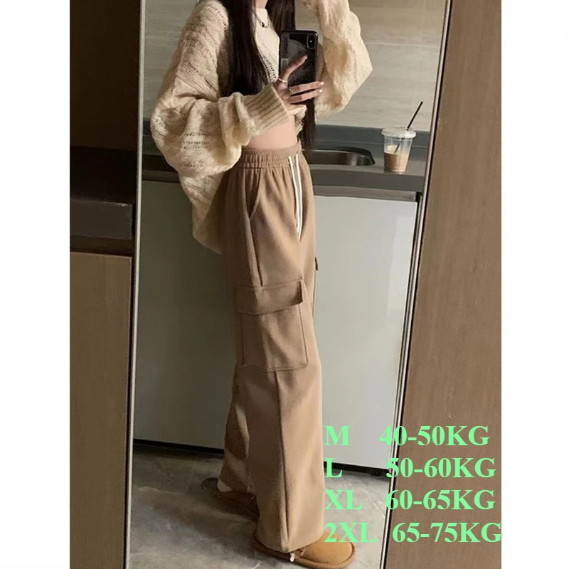 Plus Velvet Cargo Pants Women Men High Waist Drawstring Baggy Trousers Harajuku Big Pocket Oversized Wide Leg Sweatpants 250109