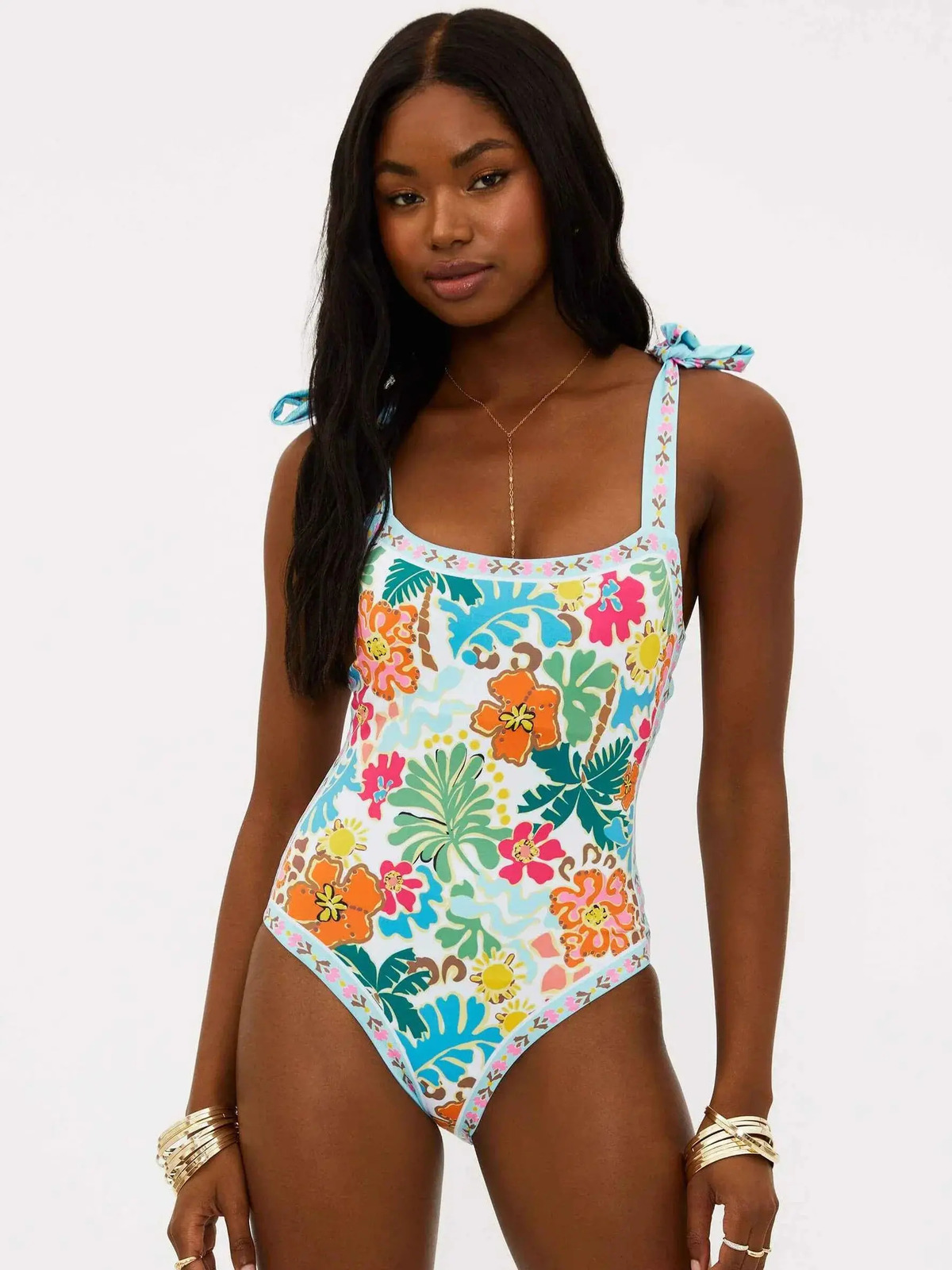 Shoulder Tied Women One Piece Swimsuit Sexy Printed Square Swimwear For Beach Suit Female Clothing Outfits 250106
