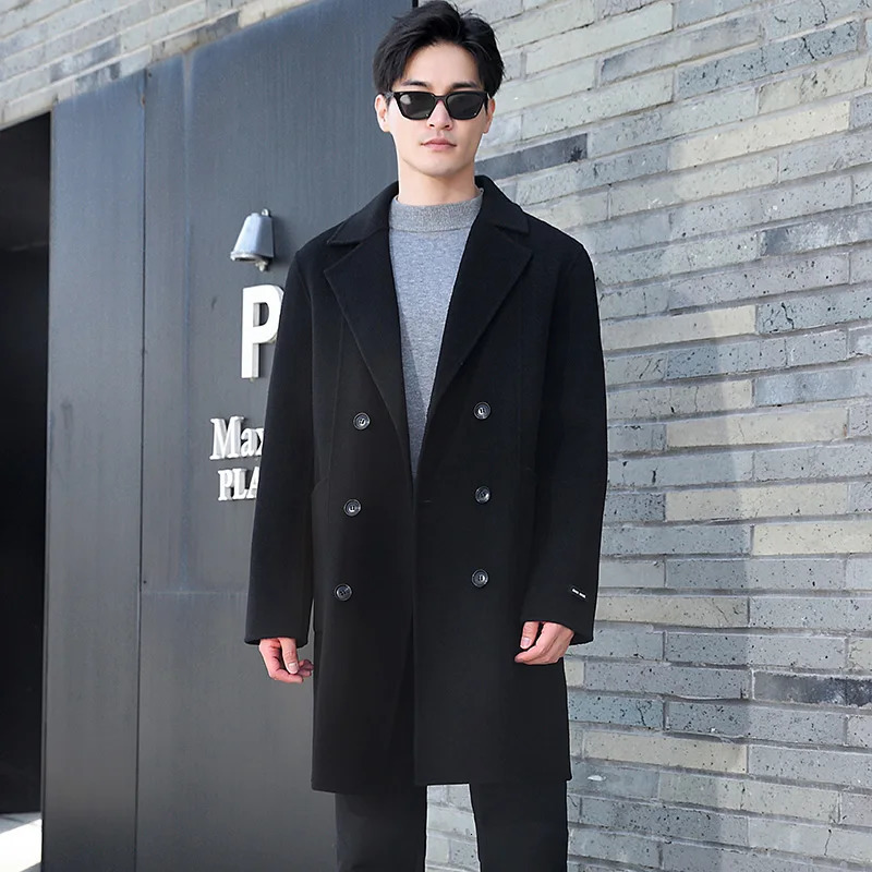 100 Merino Wool DoubleSided Coat Mens Suit Collar DoubleBreasted Handmade Long HighStreet Business Top With Pocket 250106