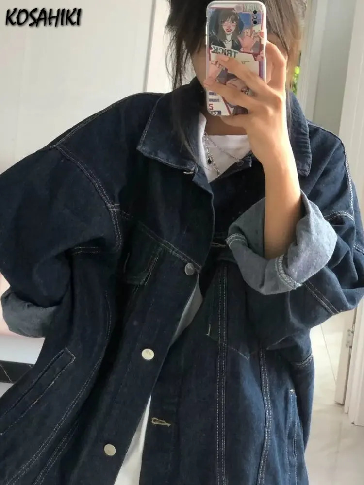 Vintage Denim Jackets Women Harajuku Dark Blue Jeans Coat Korean Fashion Oversized Y2k Aesthetic Grunge Outwear 250109