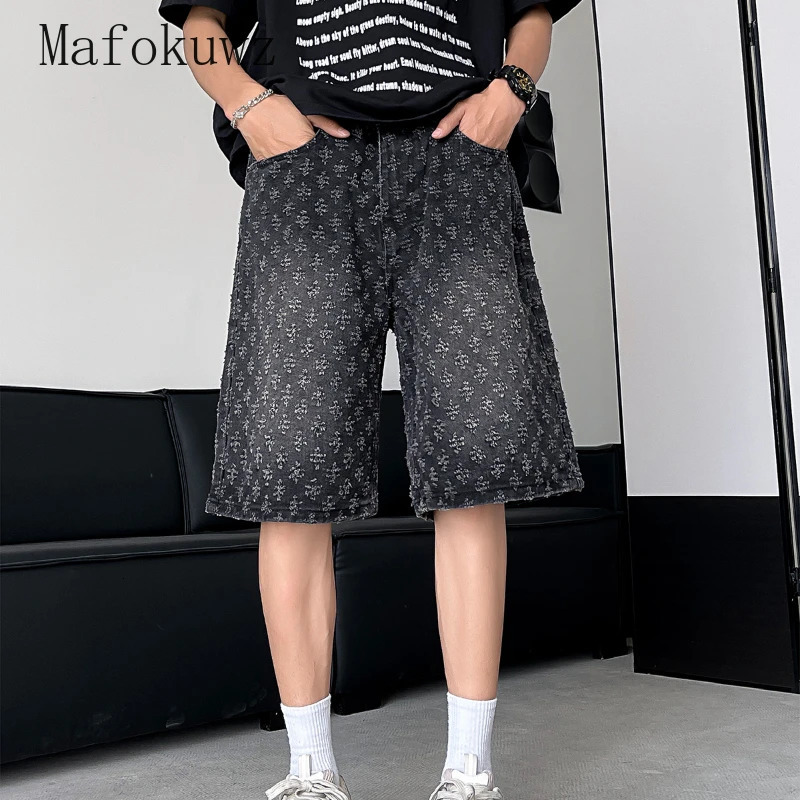Spring Summer Retro Niche Jacquard Ripped Denim Shorts Mens High Street Handsome Loose Casual Straight Fivepoint Pants 250107