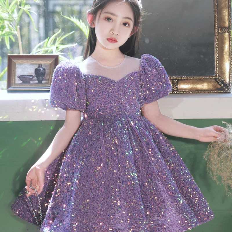 2023 Evening Wedding Kids Formal Occasion Par Dresses for Little Girls Special Events Purple Sequins Short Gown Luxury PageantXJ250108