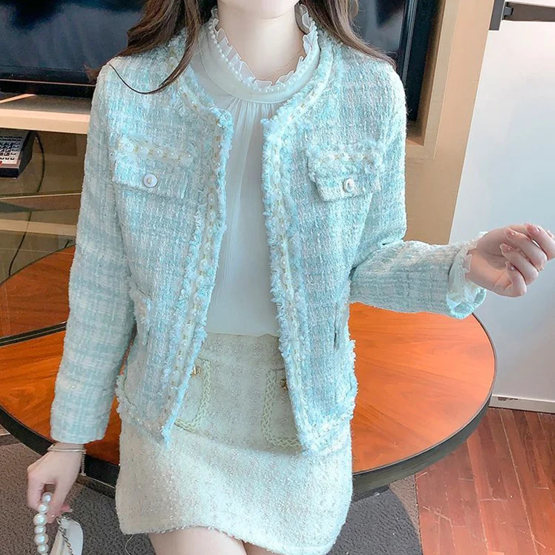Rimcoy Korean Sweet Tweed Jacket for Women Fashion Pearls Decor Round Neck Dress Coats Woman Long Sleeve Chic Jackets Female 250109