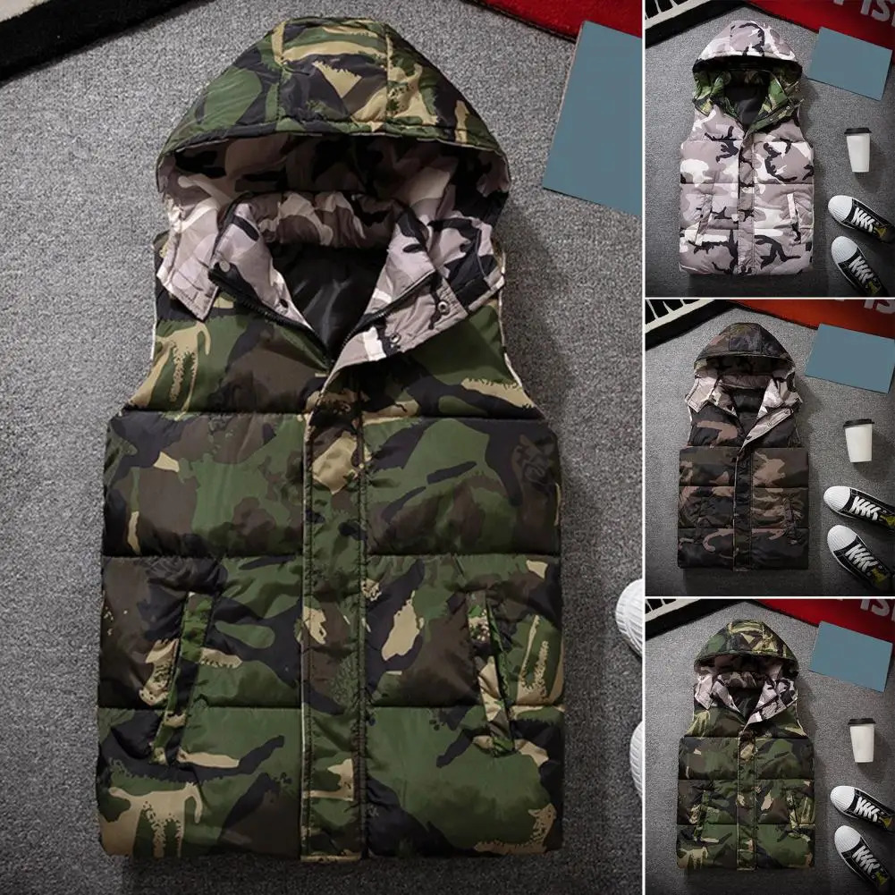 Winter Men Waistcoat Camouflage Thickened Cotton Padded Windproof Zipper Hooded Vest Coat for Daily Wear 250107