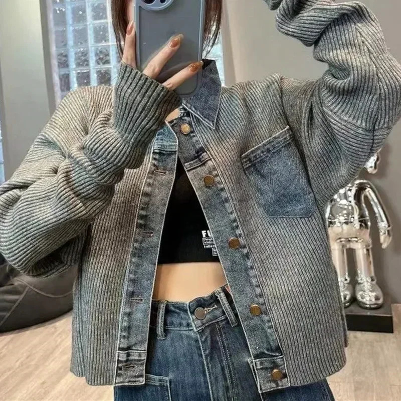 Korean Style n Niche Loose and Westernstyle Sweater Womens Autumn Denim Patchwork Knitted Top Fashionable Jacket 250109