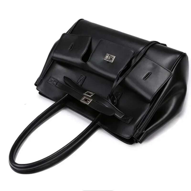 Meet You Design Large Capacity Black Pu Leather Tote Ladies Multi-Pocket Shoulder Bag Office Lady Commuter Handbag