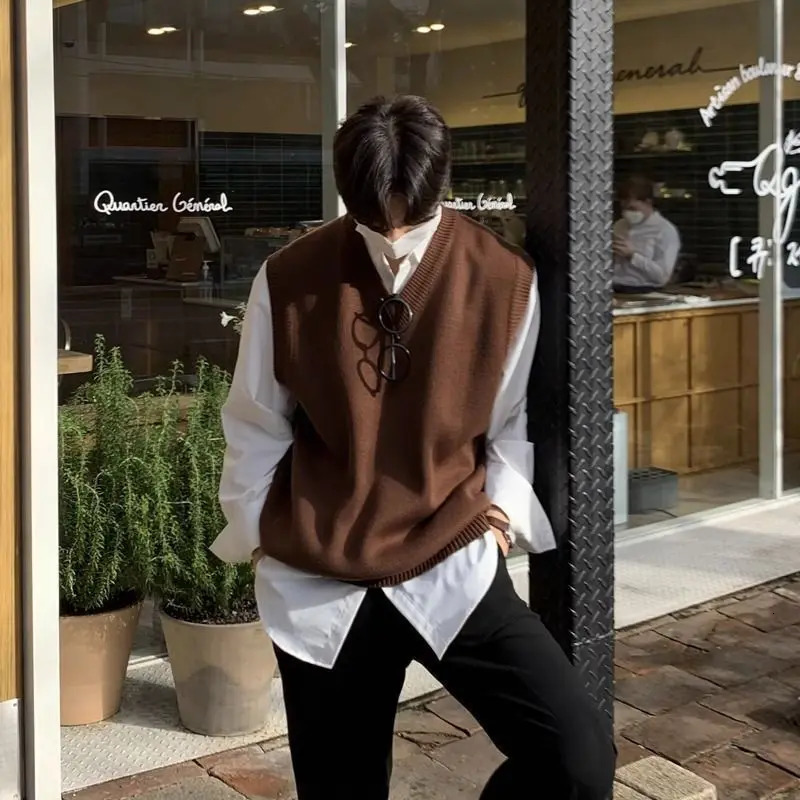 2024 Spring Acrylic Knitted Sweater Vest Men Vneck Sleeveless Golf Korean Style Solid Color Loose Casual Mens 250107
