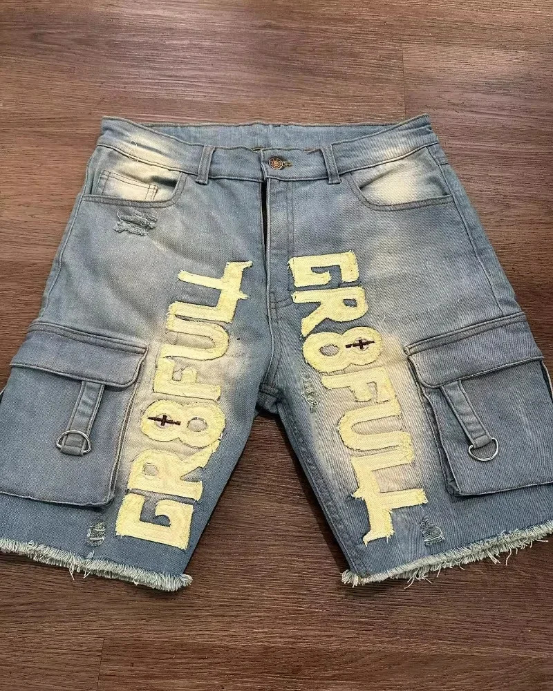 Street Y2K Fashion Trend Multi Pocket Tooling Denim Shorts Men Harajuku Hip Hop Joker Loose Jeans Couple Casual 250109