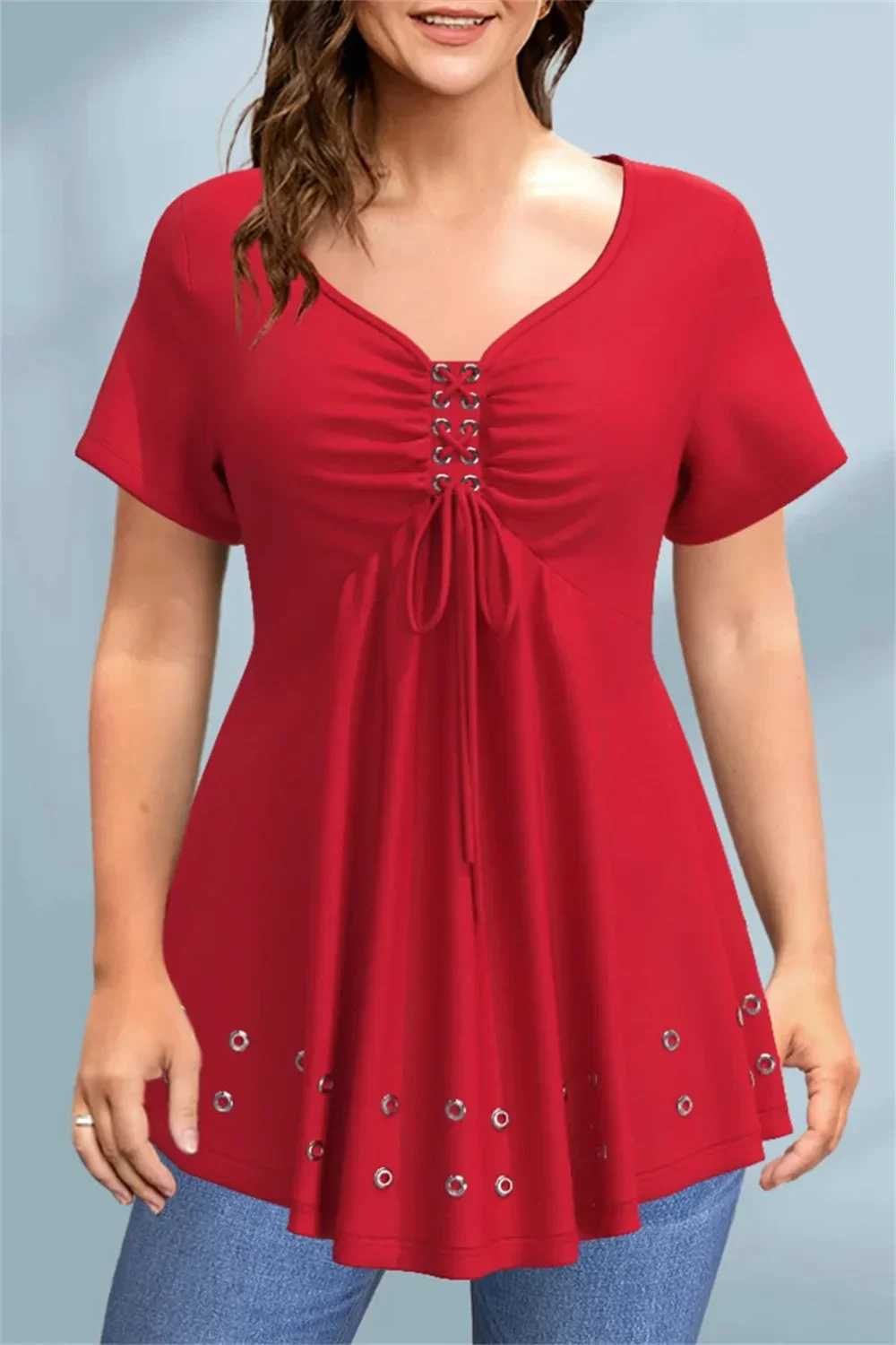 Womens plus size casual T-shirt with V-neck lace pleated edge eye wash soft and loose in summer basic pleats medium elasticity new T-shirt M250108