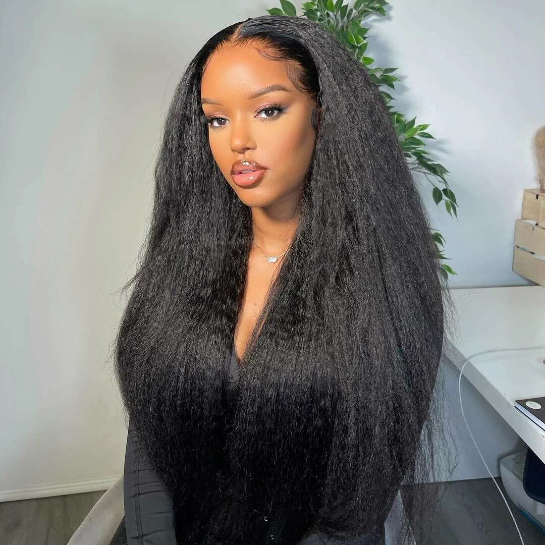 Soft Long Glueless Yaki Natural Black 30Inch 180Density Kinky Straight Lace Front Wig For Women With Baby Hair Preplucked Daily