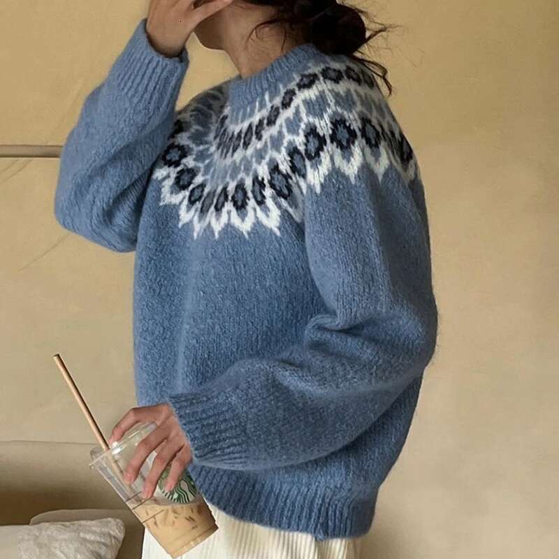 Qing Fair Isle Sweater Y2k Clothes Women Geometrical Print Round Neck Long Sleeve Tops 2000S Aesthetic Clothing Streetwear
