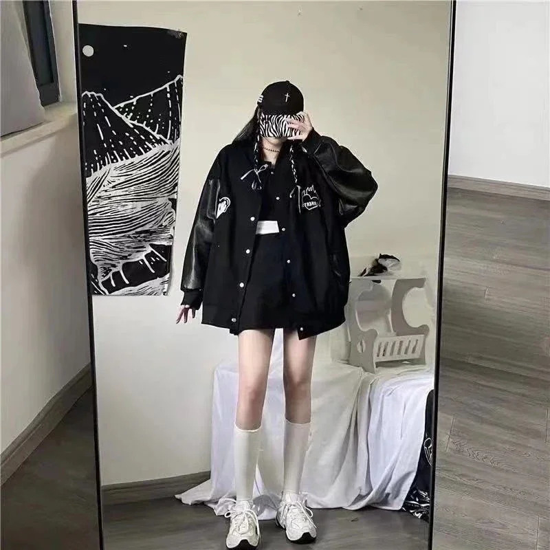 MEXZT Harajuku Black Coat Women Patchwork Bomber Jackets Bf Streetwear Korean Leather Print Oversized Casual Baseball Jacket 250109