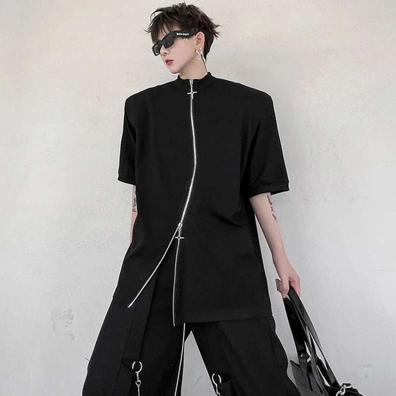 Fashion New Double Zipper Design Short Sleeve Tops Men's High Street Trendy Original Solid Color Male T-Shirt