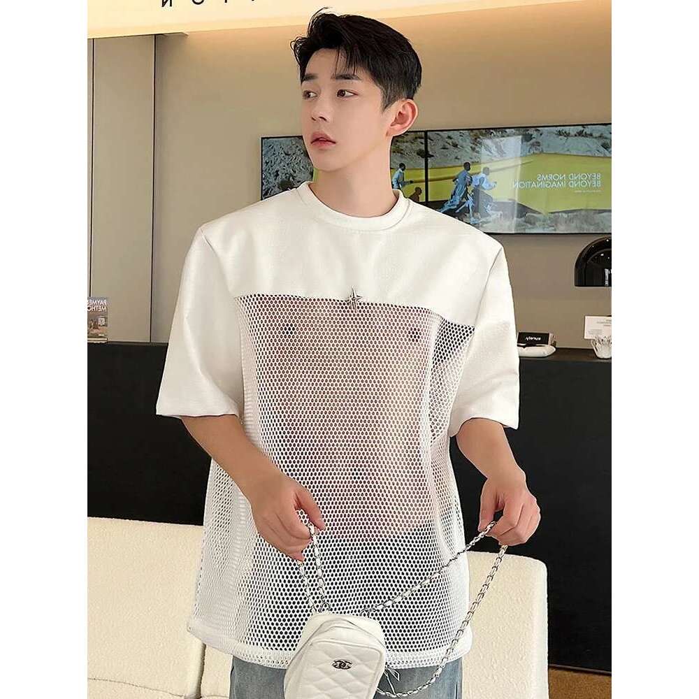Hollow Out Mesh Splicing Design T-Shirt Short Sleeve Men's 2024 Summer Street High Quality Solid Color Trendy Tops 5C8911