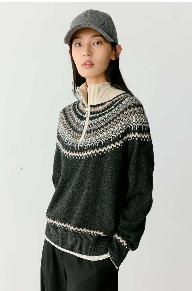 2024 Autumn And Winter New Wool Blend Half Zip Stand Collar Woolen Women Loose Jacquard Knit Bottom Jumper Sweater Top