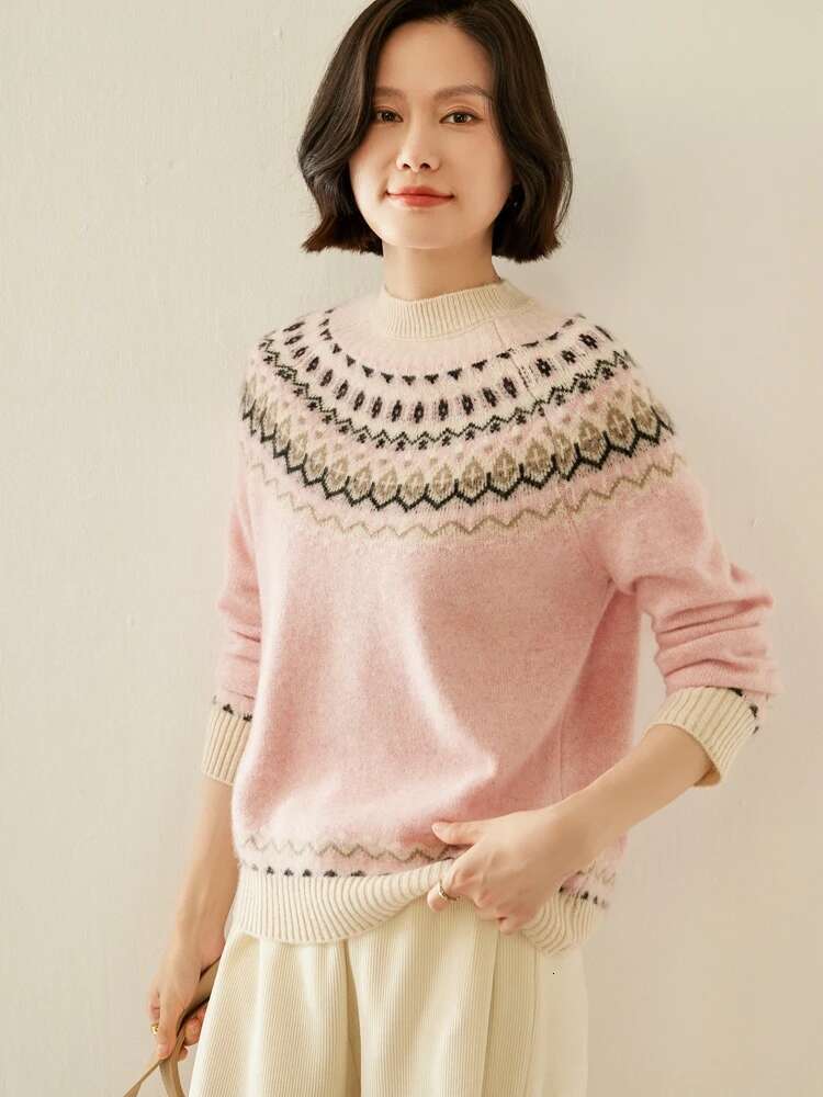 Women's Vintage Faire Isle Mock Neck Pullover Autumn Winter 100% Cashmere Knitwear Thick Jacquard Sweater Tops