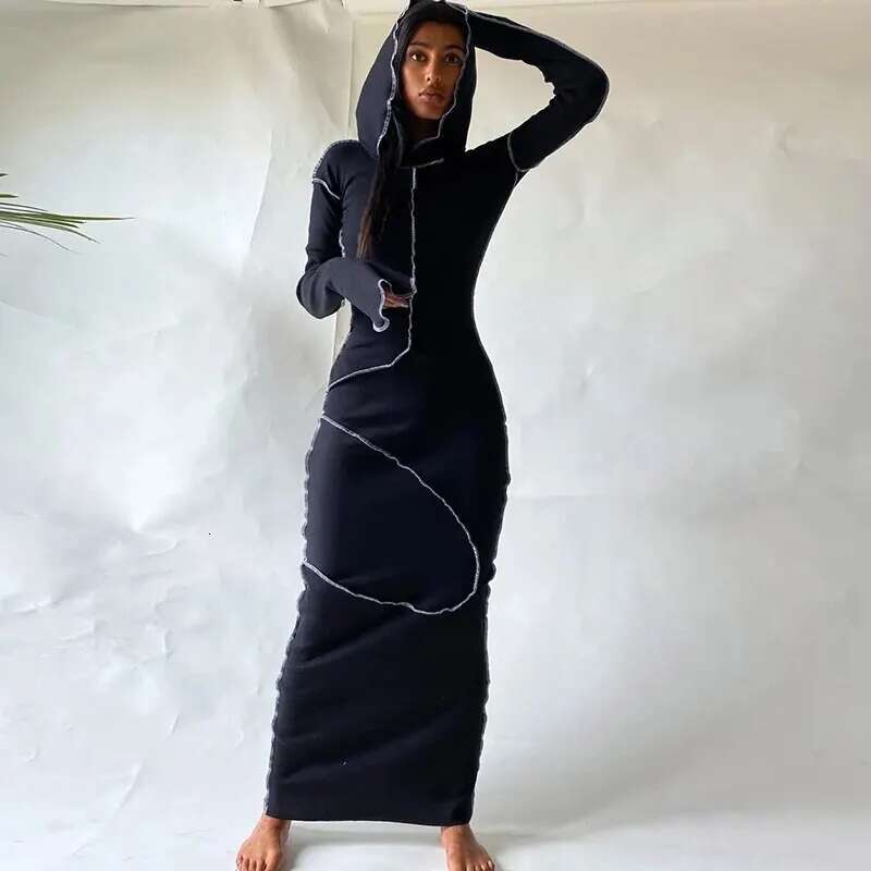 Dulzura Women 2024 Autumn Winter Fashion Sleeve Streetwear Bodycon Black Long Dress Wholesale Items For Business