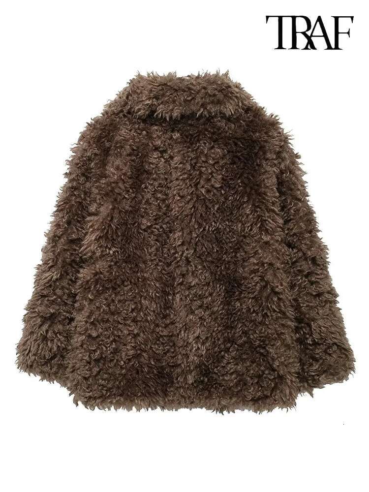 TRAF Women's Fashion 2024 Fall Winter Europe And The United States Retro Style Brown Faux Fur Effect Long-Sleeved Lapel Coat
