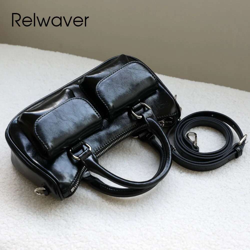 Relwaver Women Handbag Small Cowhide Split Shoulder Bag 2025 Spring Summer Versatile Pocket Waxy Leather Messenger Bags