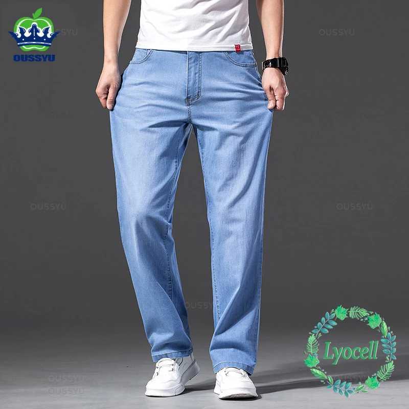 Men Jeans Classic Summer Lyocell Cotton Straight Stretch Brand Denim Pants Overalls Light Blue Fit Trouser Plus Size 40 42 M250610