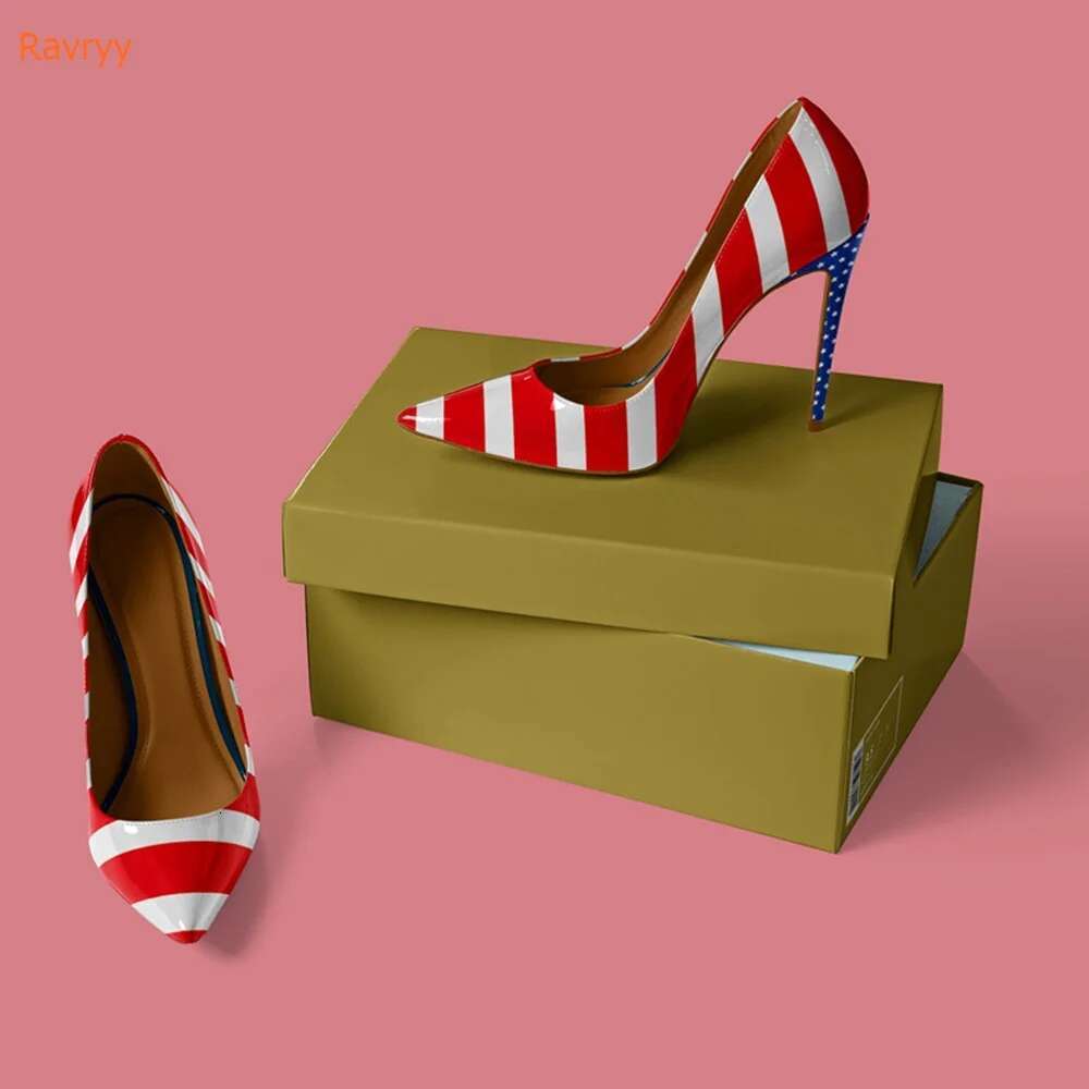 American Flag Prints Thin Heels Pointed Toe Patent Leather Women Slip On Pumps Shallow Party Fashion Shoes