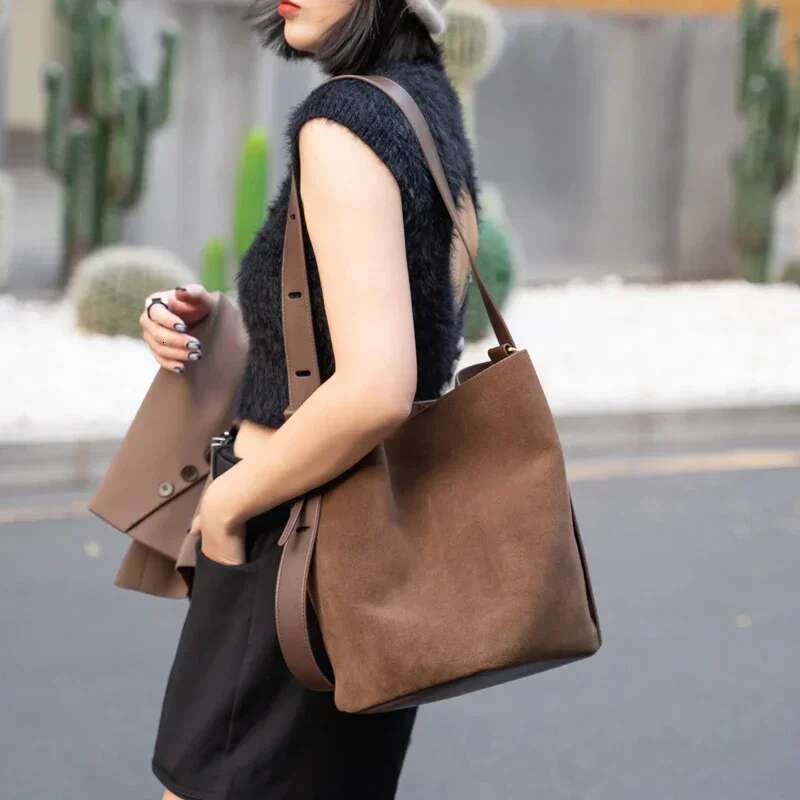 Genuine Leather Women's Shoulder Cross Designer Head Layer Suede Cowhide Female Handheld Underarm Bucket Bag 2025 New