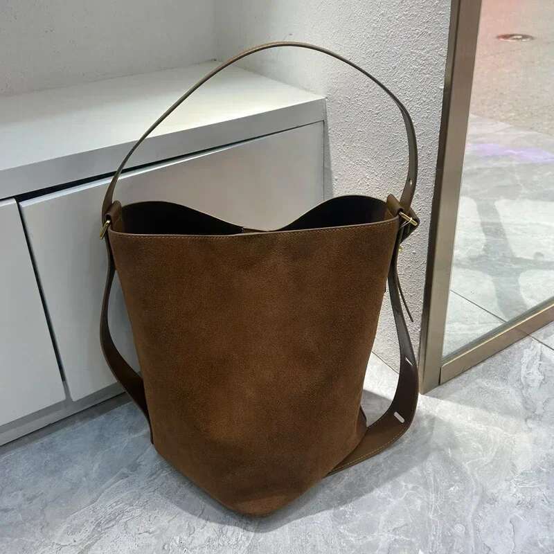 Genuine Leather Women's Shoulder Cross Designer Head Layer Suede Cowhide Female Handheld Underarm Bucket Bag 2025 New