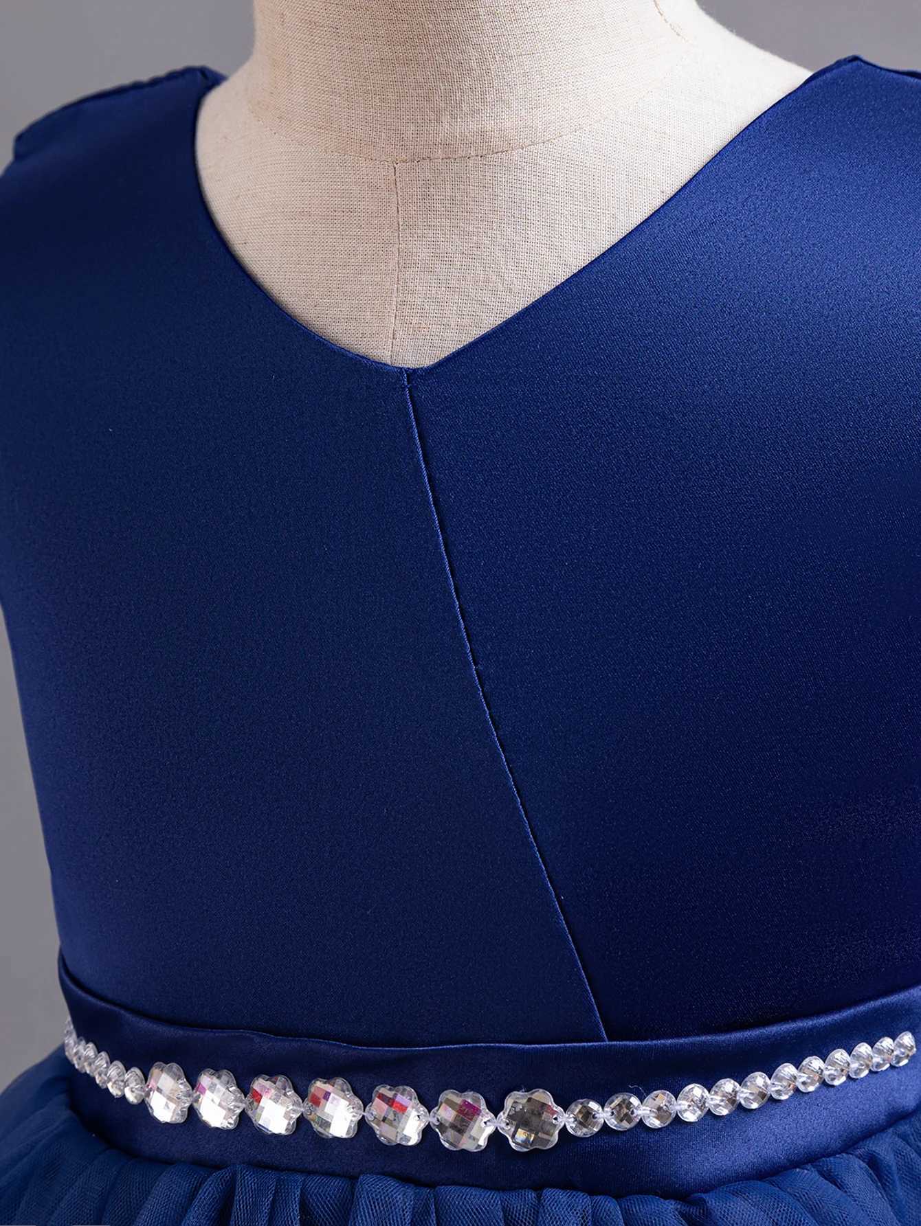 Shining Crystal Belt blue Sleeveless Long Dress for Princess Prom Bow Dresses for 3 to 12 Years GirlsXJ250108