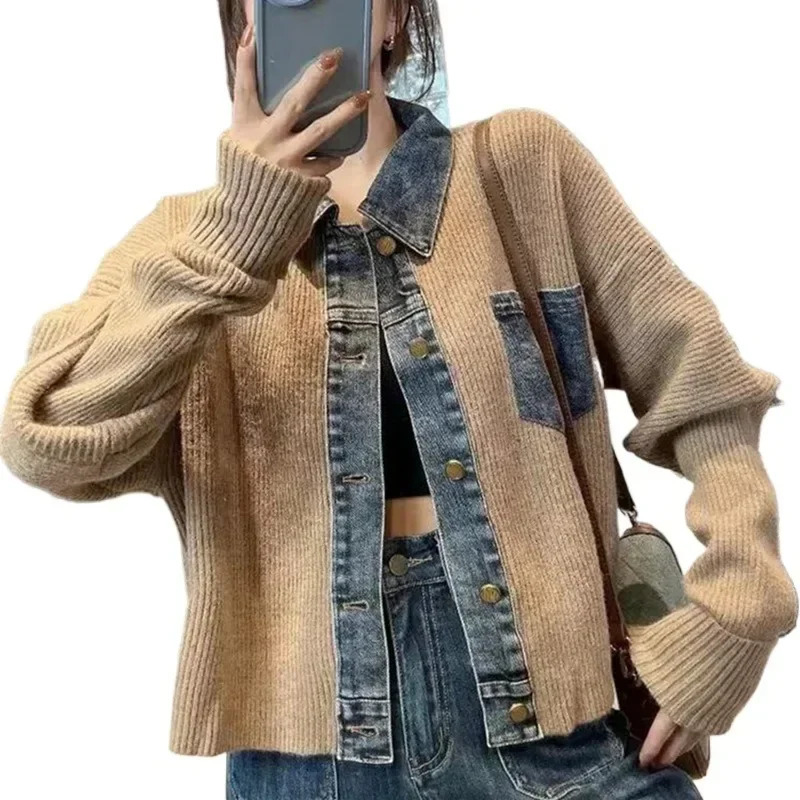 Korean Style n Niche Loose and Westernstyle Sweater Womens Autumn Denim Patchwork Knitted Top Fashionable Jacket 250109