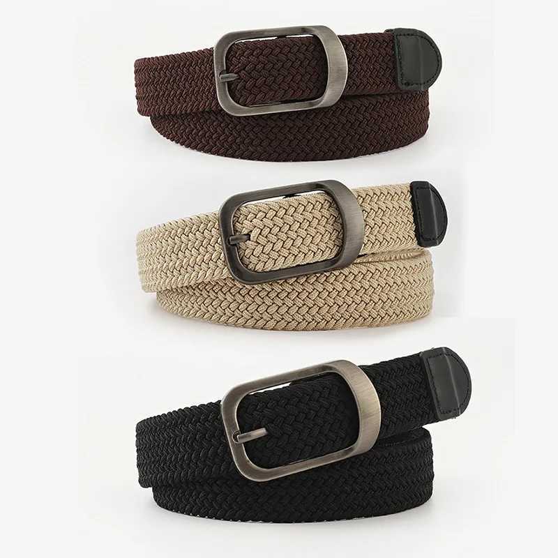Unisex eyeless needle metal alloy rectangular buckle womens waistband elastic canvas waistband casual pants mens jeans waistband W250109