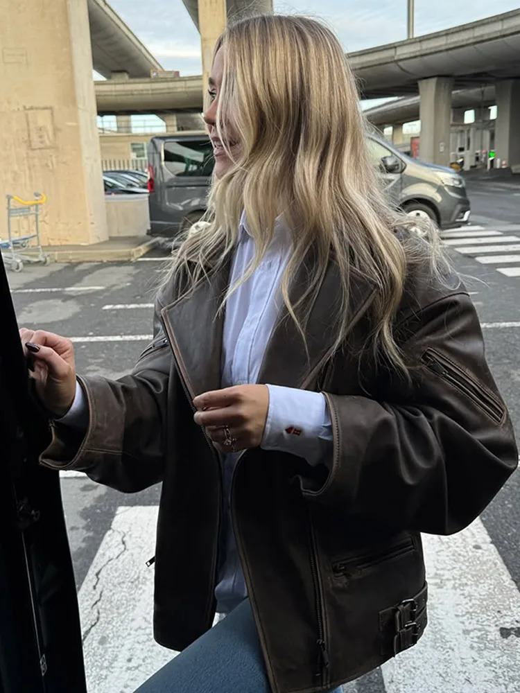 Spring Retro Brown Zipper Leather Jacket Fashion Woman Loose Casual Pocket Lapel Coats 2025 Ladies Chic Commute Outerwears 250103