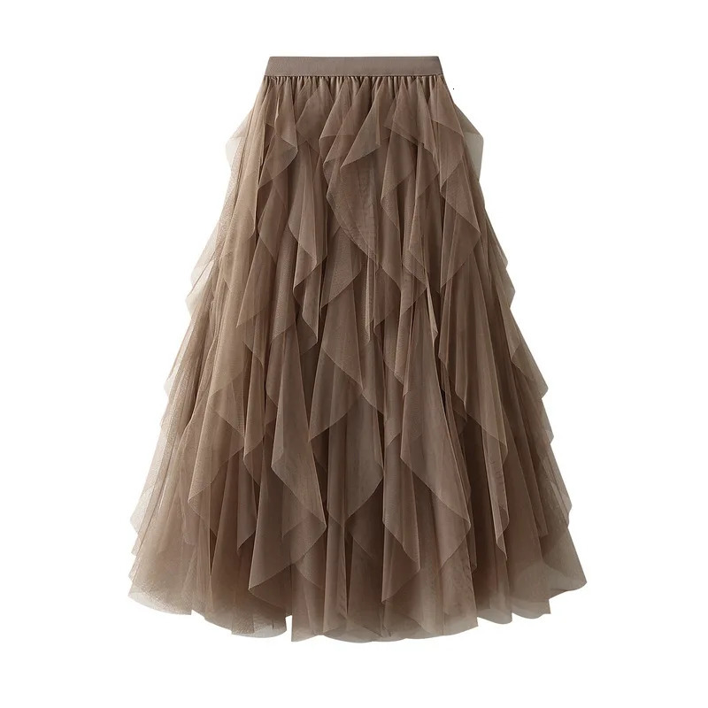 Elastic High Waist Irregular Mesh Long Skirt Women Elegant Harajuku Skirts Faldas Y2k Saias Casual Woman Clothing Jupe Femme 250106