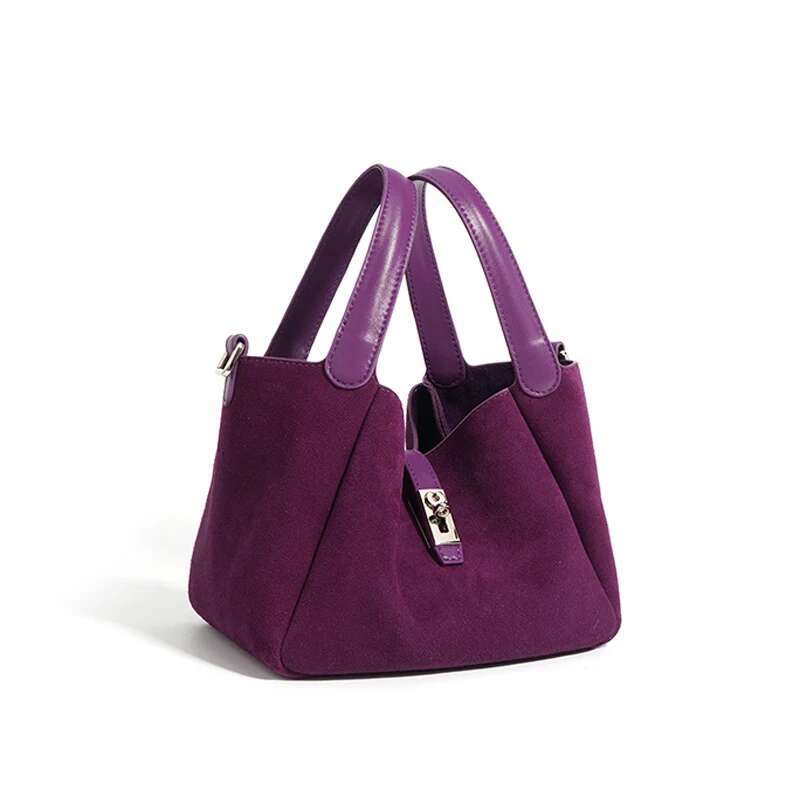 MABULA Designer Brand Women Genuine Leather Tote Fashion Bucket Suede Shoulder Crossbody Bag Cowhide Basket Handbag