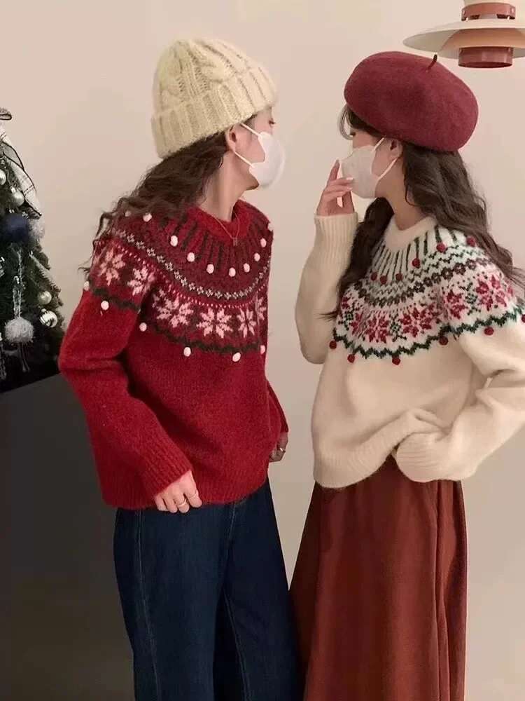 Retro Jacquard Christmas New Year Red Fair Isle Sweater For Women Loose Autumn And Winter Thickened Inner Knitted Top
