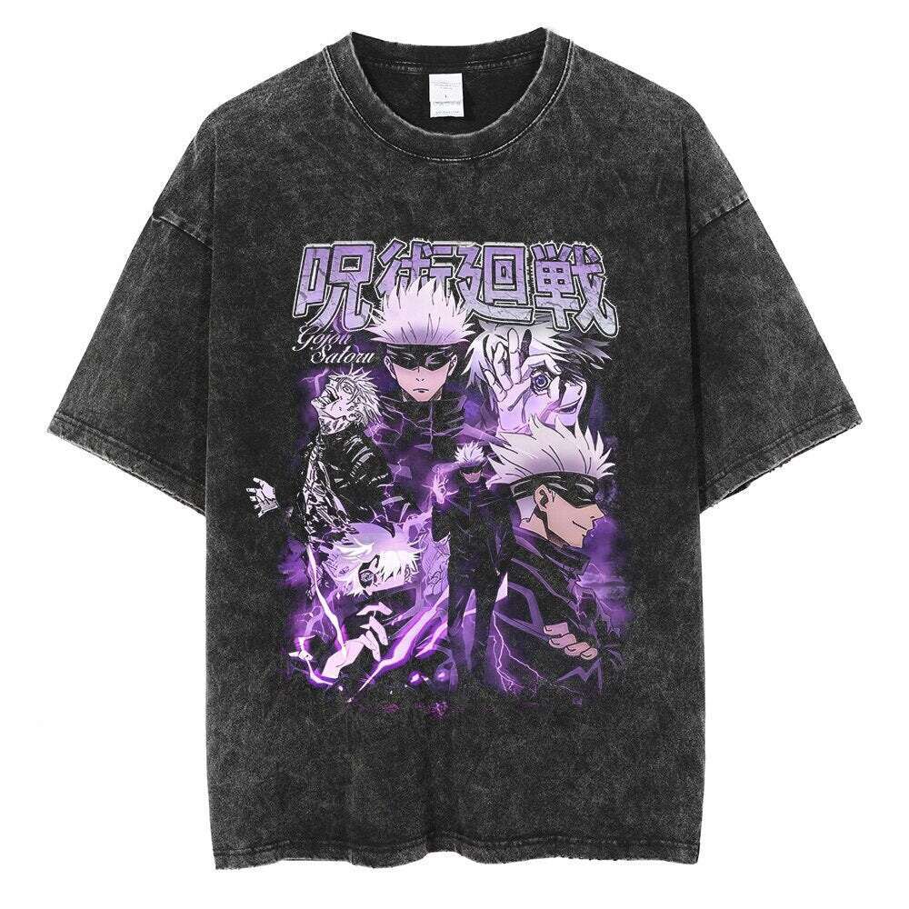 Washed t-shirt, street hip-hop anime, five mantras, battle back graphics, casual cotton, summer short sleeve