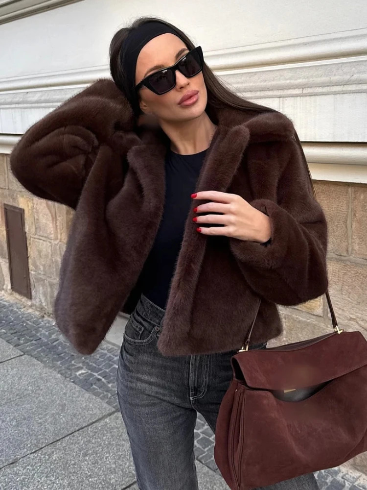 ZBZA Womens Faux Fur Cropped Jacket Coat Warm Retro Lapel Long Sleeve Solid Side Pockets Casual OverCoat Winter Chic 250103