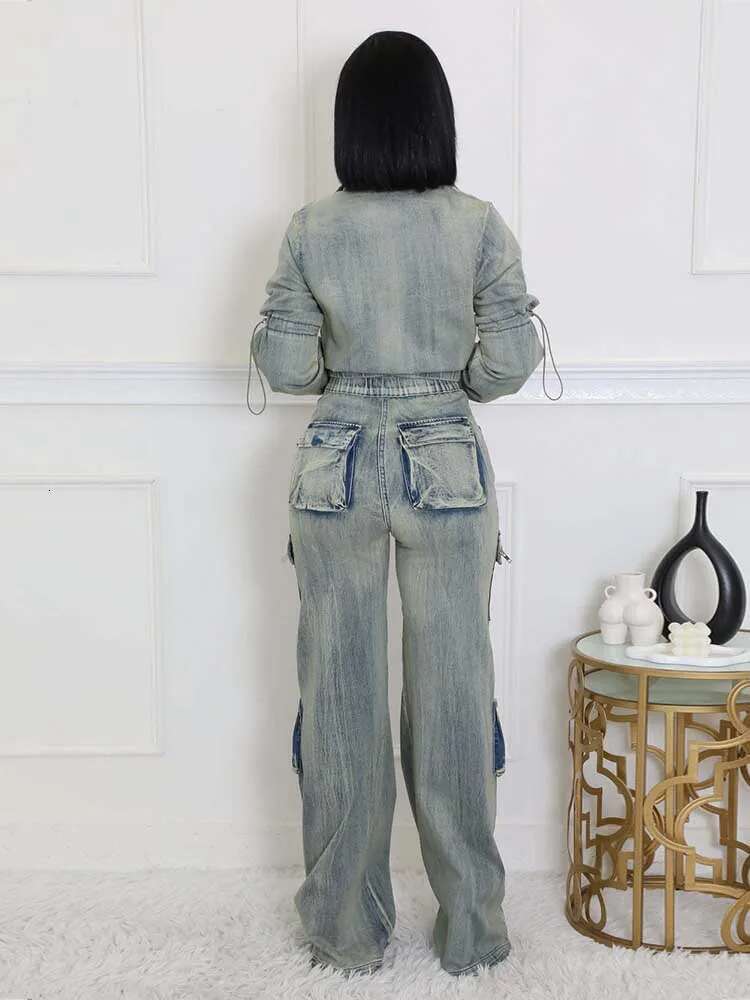 2 Piece Set For Women Winter Long Sleeve Jacket And Jeans Streetwear Sexy Stretchy Denim Pant Sets Wholesale Dropshipping
