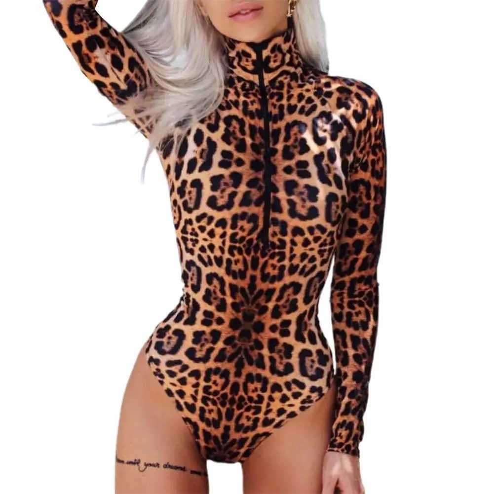 Women Surfing Swimsuit opard Print Skinny One Piece Breathab Swimwear Soft Long Seves Stand Collar Lady Swimming PlaysuitXJ240108