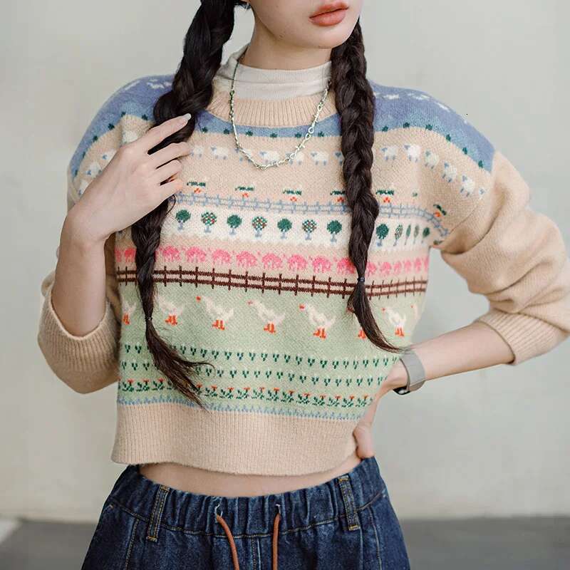 Maden Vintage Sweater With Animal Patterns Round Neck Versatile Pullover For Women's Autumn Winter Fair Isle Knitted Inner Wear