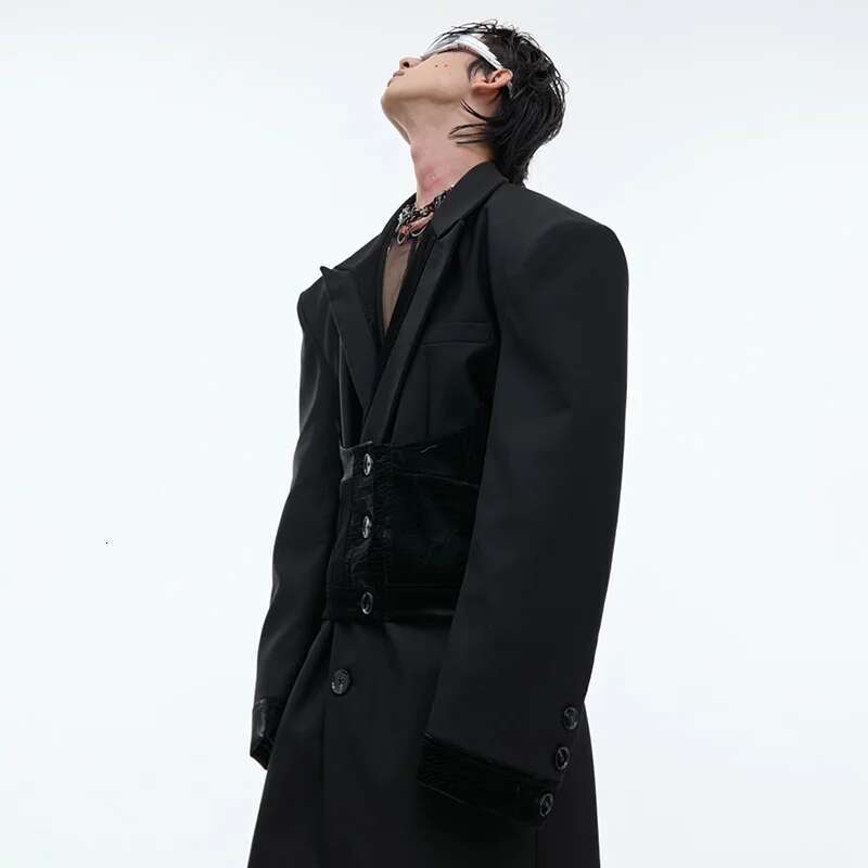 Original PU Leather Patchwork Design Men Trench Coat Padded Shoulder Personalized Fashion Male Windbreaker