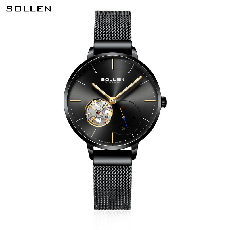 SOLLEN Ladies' Fashionable Skeleton Dial Automatic Mechanical Watch with Nylon Strap