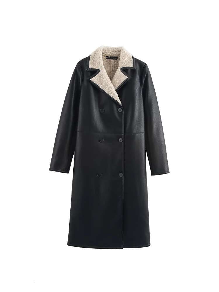 2024 Autumn And Winter New Arrivals Women's High-End Double-Breasted Long-Sleeved Lapel Faux Fur Over-The-Knee Leather Jacket