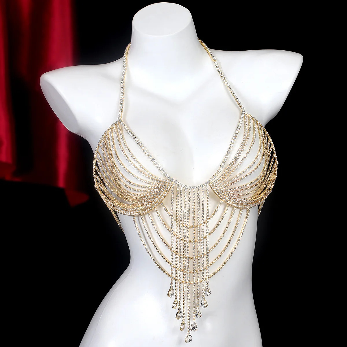 Light Multilayer Hollow Out Water Droplet Tassels Rhinestone Chest Chain Nightclub Body Chain 250107