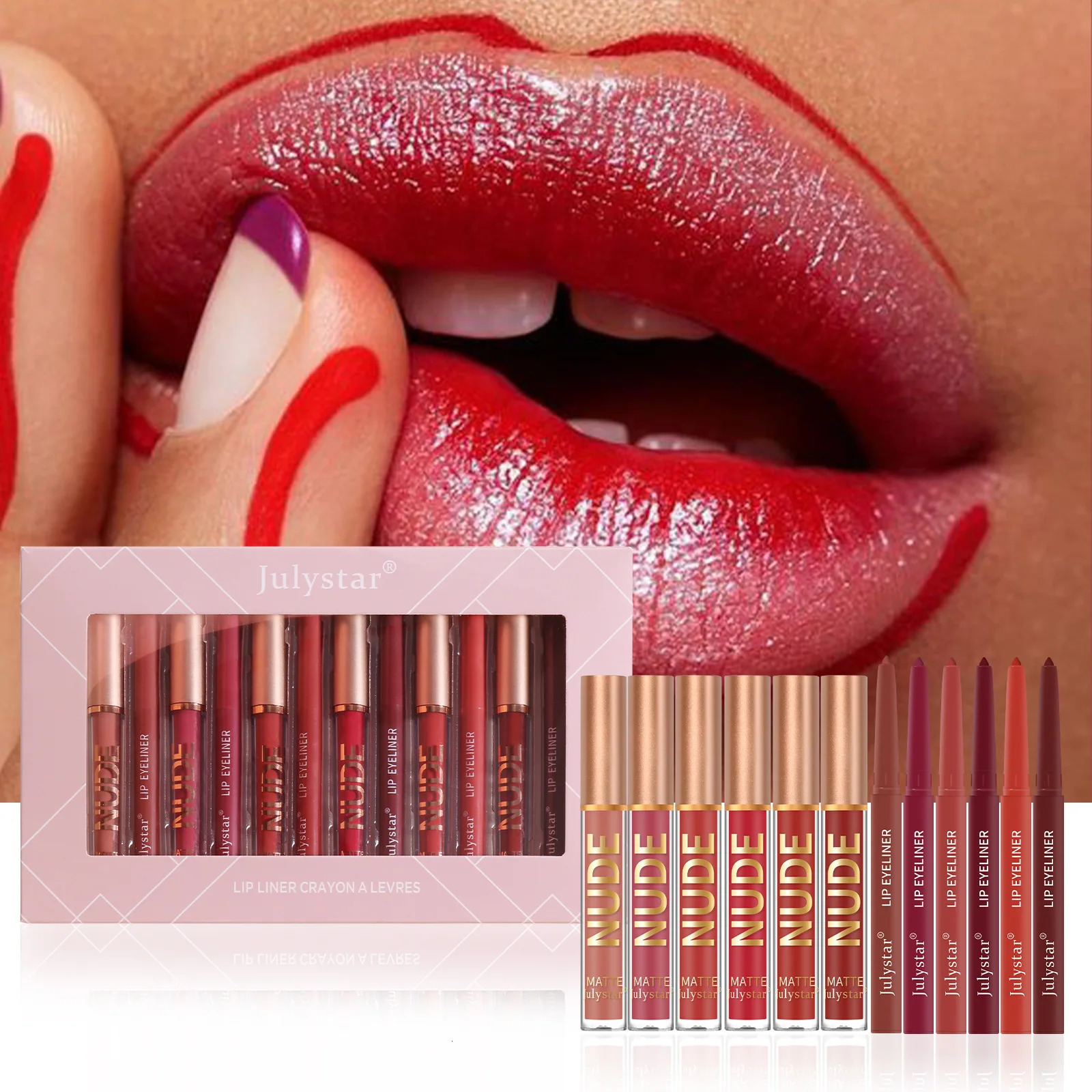 Non-stick lipstick pen cross-border waterproof long-lasting matte lip gloss lip liner 6 lip glazes 6 lip liners 250108