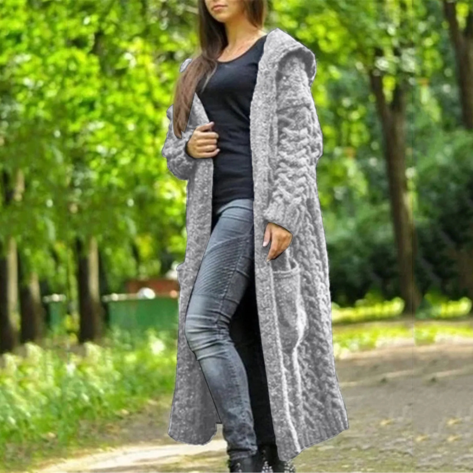 Long Sleeve Loose Cardigan Coat Solid Sweater Winter Long Knitted Pocket Loose Women Cardigan Hooded Limited Sweater Women 250106