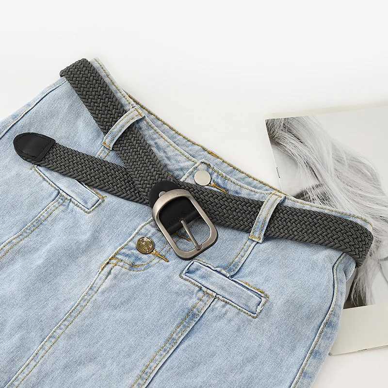 Unisex eyeless needle metal alloy rectangular buckle womens waistband elastic canvas waistband casual pants mens jeans waistband W250109