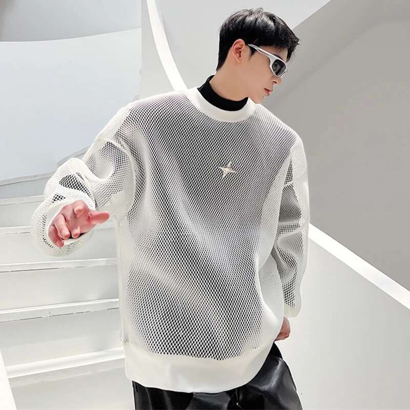 Autumn High Street Perspective Original Mesh Design Sweater Men's Fashion Metal Buckle Decorate Casual Tops