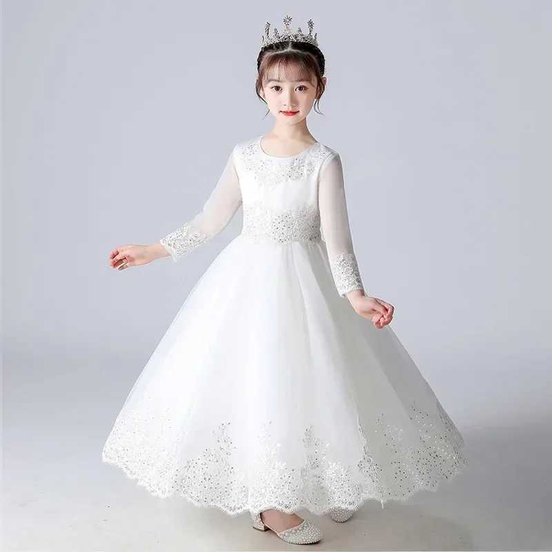 Fashion White Kids Dresses for Girls Lace Mesh Long Sleeve Evening Dresses All Seasons Children Girls Par Dress 3-13 YearsXJ250108