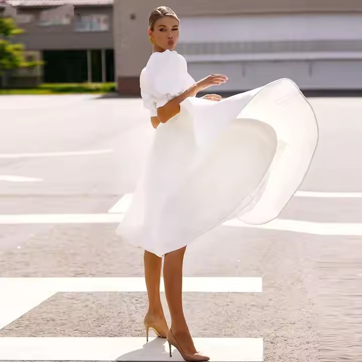 Customized Simple Satin Wedding Dresses Short Bridal Gowns Mini Length Brides Dress Robe de mariee Short Sleeves